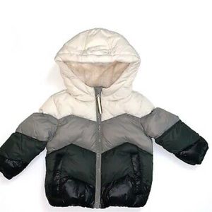 Cat & Jack Boy's Hooded Puffer Jacket Black Grey White Colorblock XS
